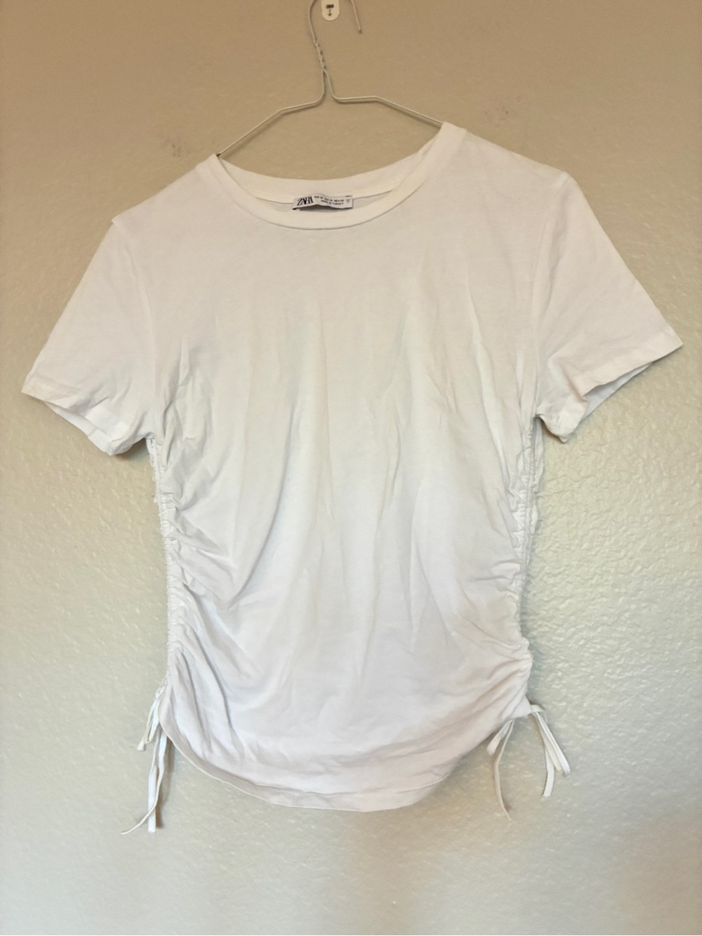 Zara Size M 100% Cotton White Side-Ruched Short Sleeve Tee Classic Cottagecore